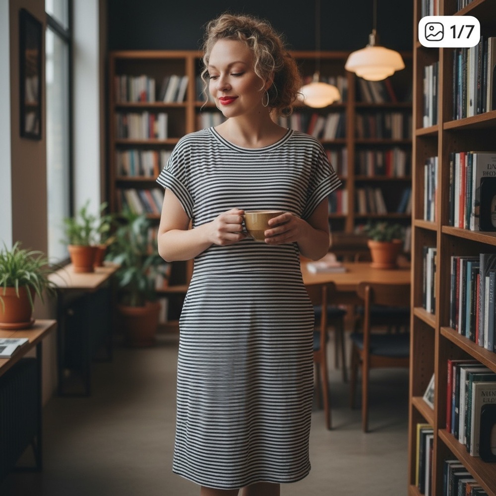 Striped Medium T-Shirt Dress - Black & White